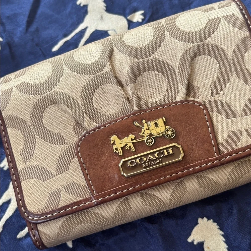 Coach Signature C Khaki Jacquard Canvas Brown Leather Trim Card Organizer Wallet